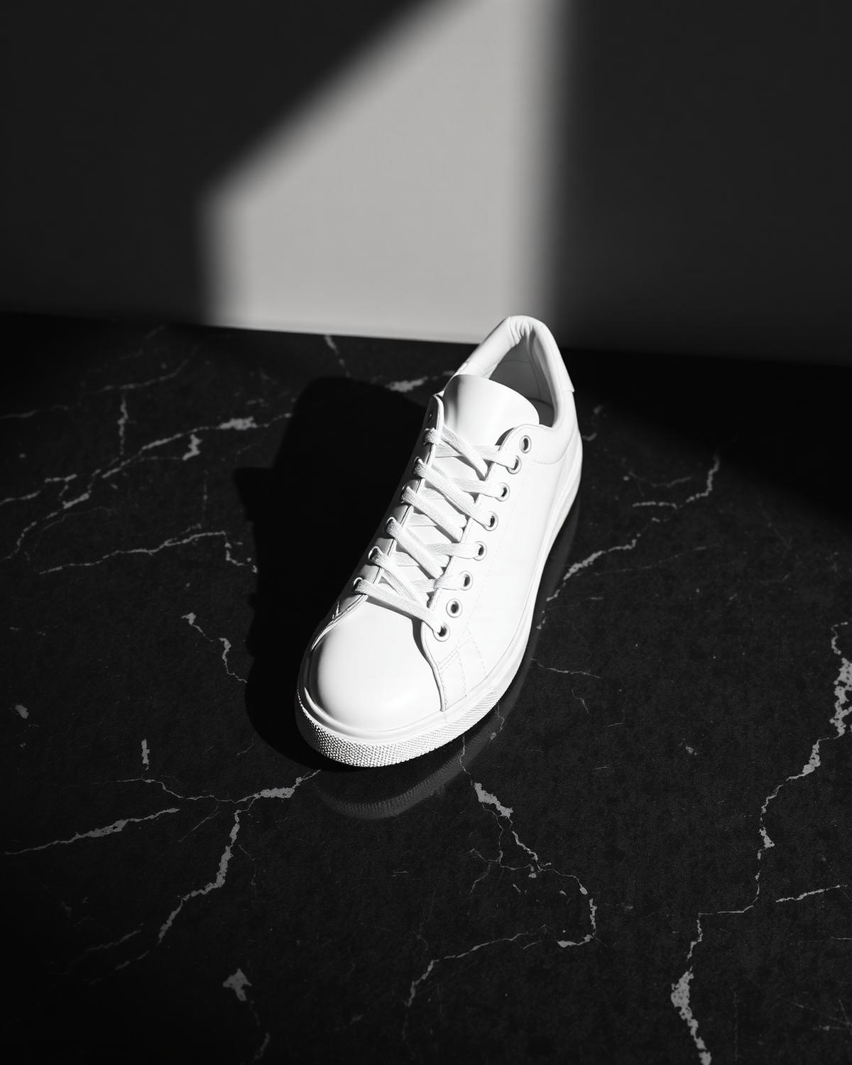 Sneaker en cuir blanc posée sur un marbre noir.